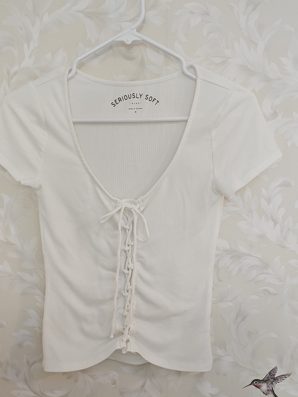 Lace-Up Ribbed Short Sleeve Top - White